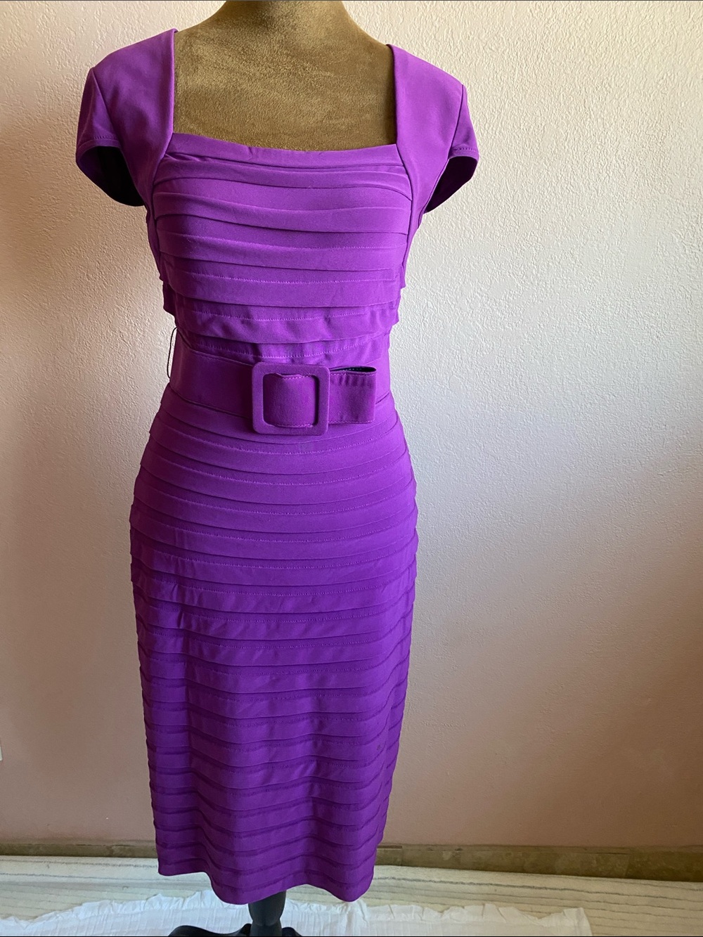ADRIANA PAPELL Violet-Purple Belted Midi Sheath Dress